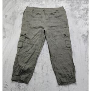 Foil Pant Womens 14 Green Linen Precious Cargo Crop 1/2 Elastic Waist Jogger Hem